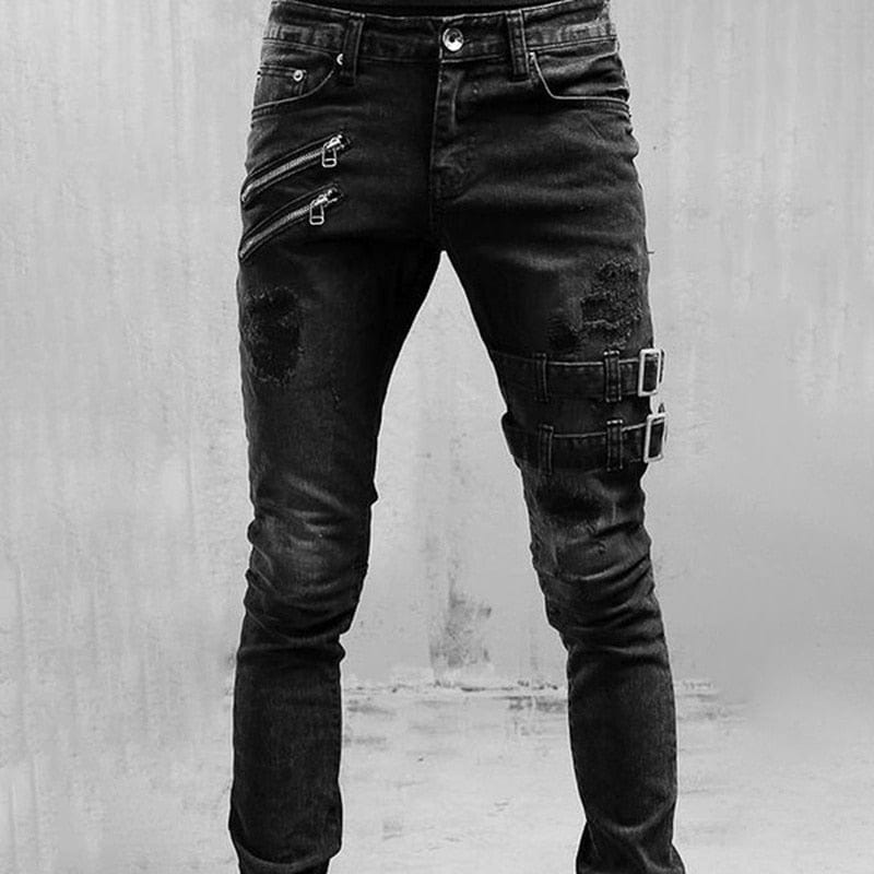 Men's High-Waist Skinny Straight Denim Jeans, Streetwear