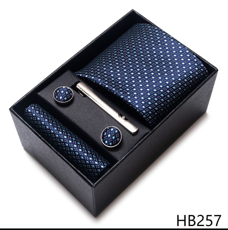 Men's Blue Gold Silk Tie, Handkerchief and Cufflink Set