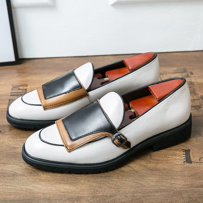 Men's Beige Blue Monk Strap PU Leather Party Loafers