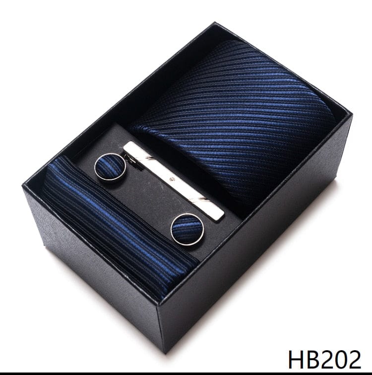 Men's Blue Gold Silk Tie, Handkerchief and Cufflink Set