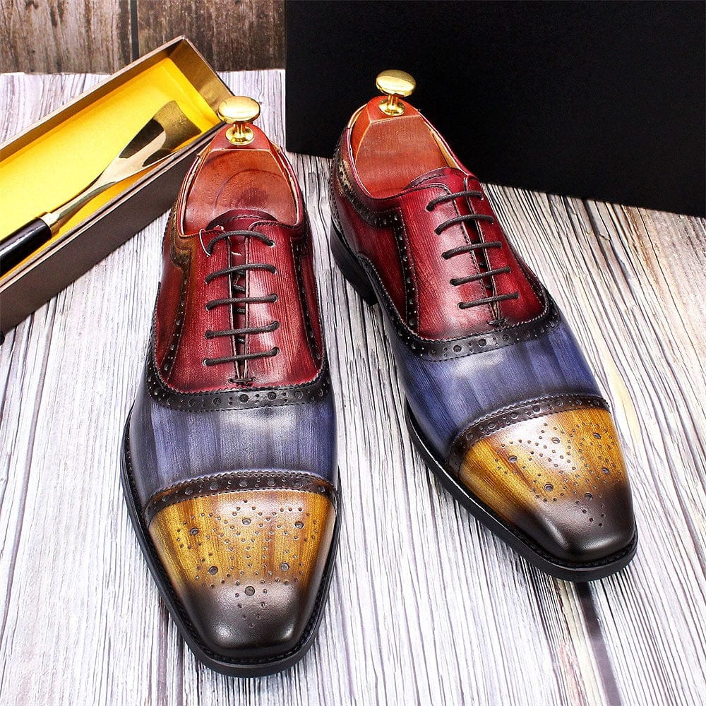 Men's Handmade Calf Leather Cap Toe Oxford Brogue Dress Shoes