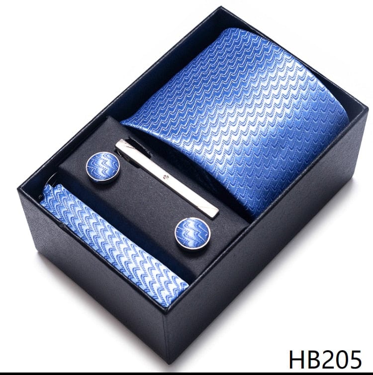 Men's Blue Gold Silk Tie, Handkerchief and Cufflink Set