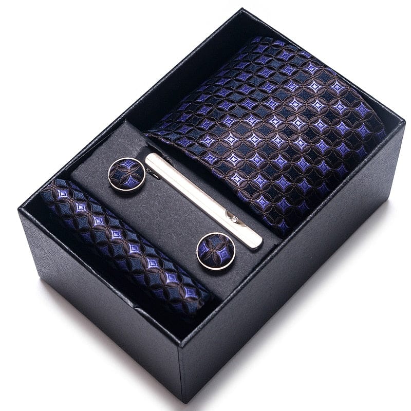 Men's Blue Gold Silk Tie, Handkerchief and Cufflink Set