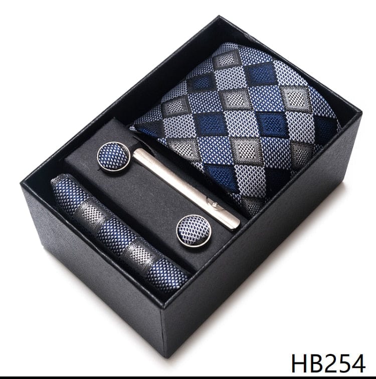 Men's Blue Gold Silk Tie, Handkerchief and Cufflink Set