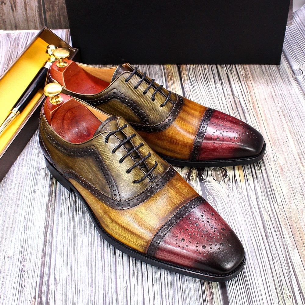 Men's Handmade Calf Leather Cap Toe Oxford Brogue Dress Shoes