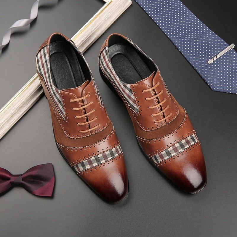 Men's Brown Black Patchwork Brogue Lace-Up Dress Shoes