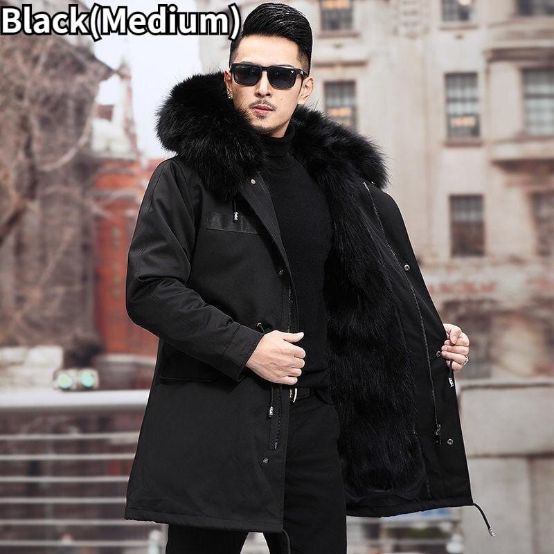 Men's Long Faux Fur Parka — Detachable Collar, Plush Lined