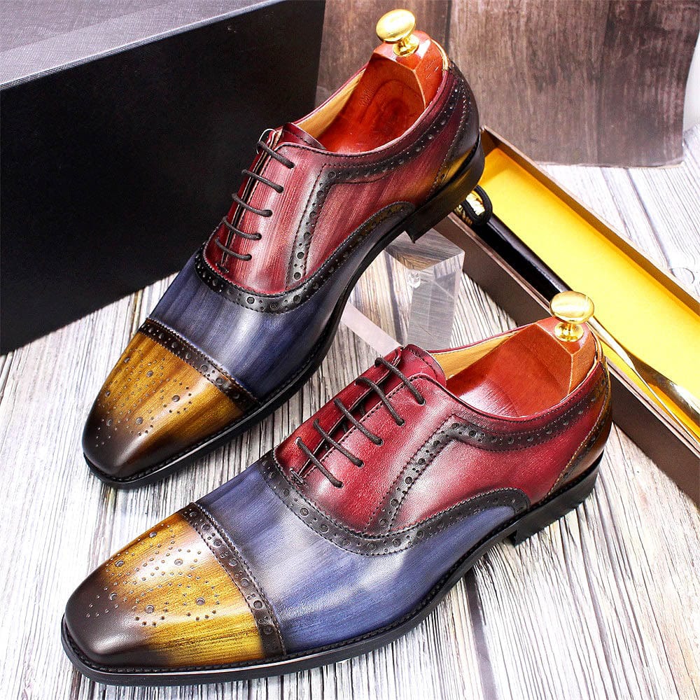 Men's Handmade Calf Leather Cap Toe Oxford Brogue Dress Shoes