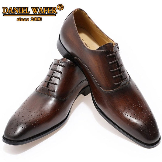 Men's Brown Genuine Leather Buckle Strap Brogue Oxford Shoes