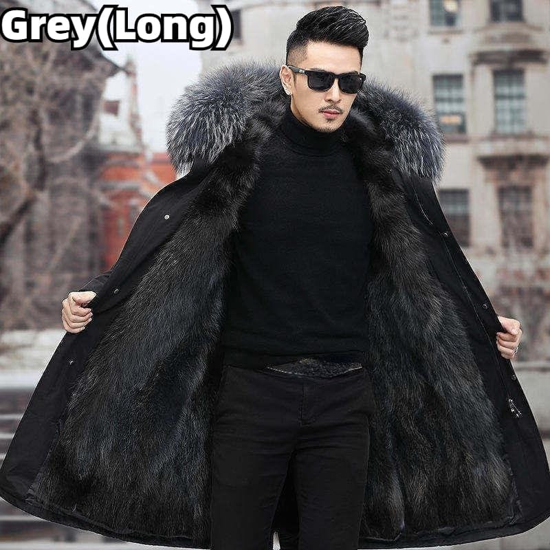 Men's Long Faux Fur Parka — Detachable Collar, Plush Lined