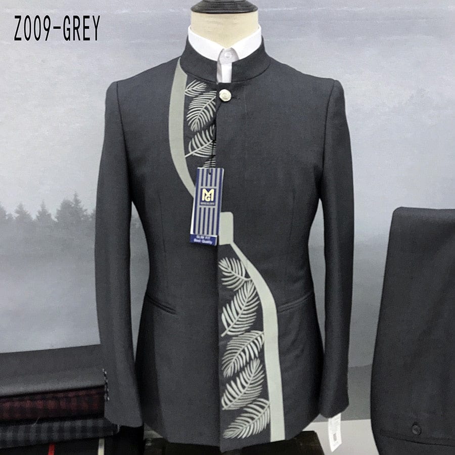 Men's Chinese Stand Collar Tunic Blazer and Pants Two-Piece Set