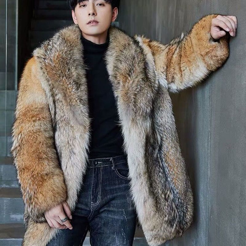 Men's Medium Long Wolf and Mink Fur Coat