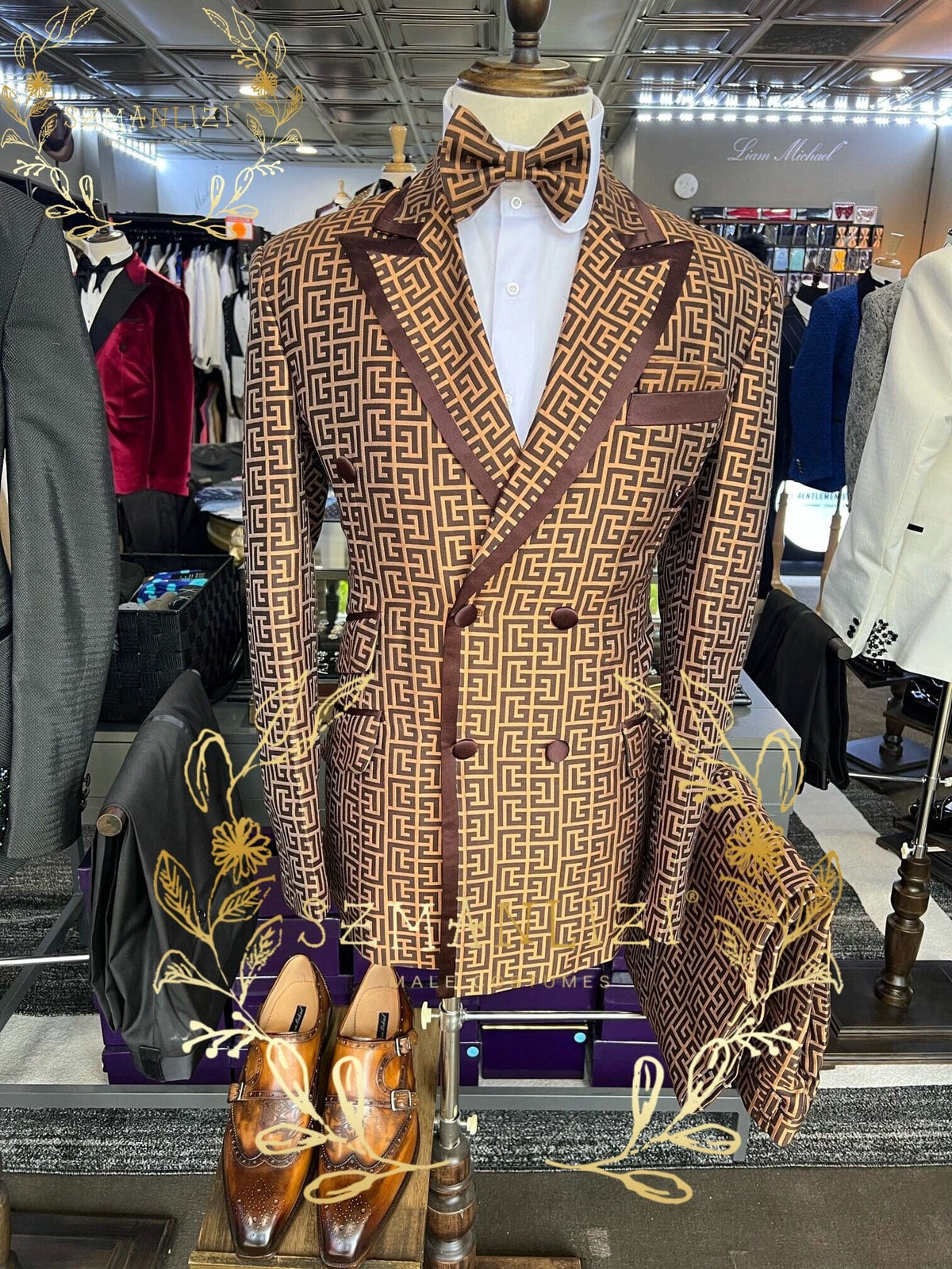 Men's Brown Plaid Double-Breasted Groom Tuxedo Suit Jacket Pants