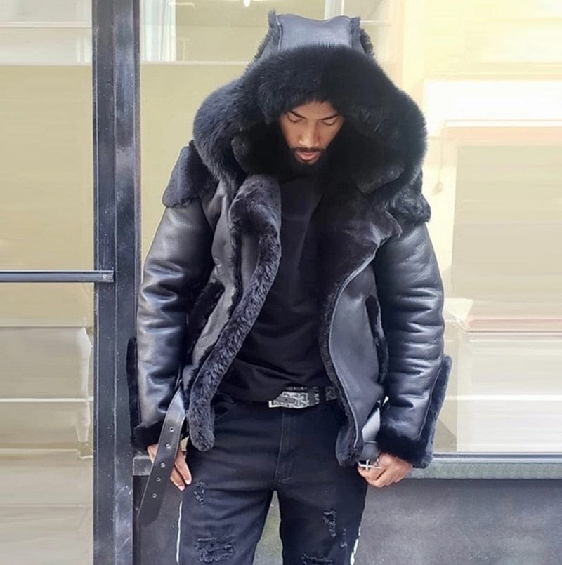 Men's Faux Leather Fur Collar Wool-Lined Winter Jacket