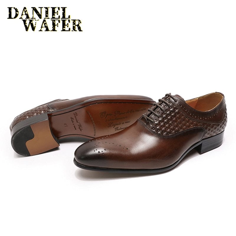 Men's Genuine Leather Pointed Oxford Brogue Office Wedding Shoes