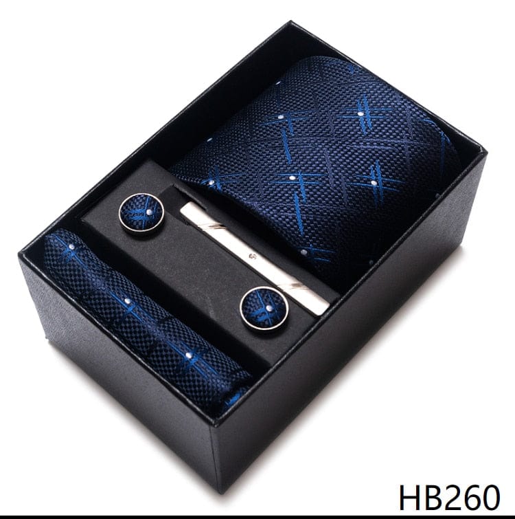 Men's Blue Gold Silk Tie, Handkerchief and Cufflink Set
