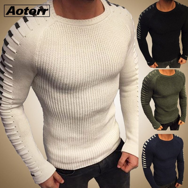 Men's O-Neck Patchwork Knit Pullover Sweater