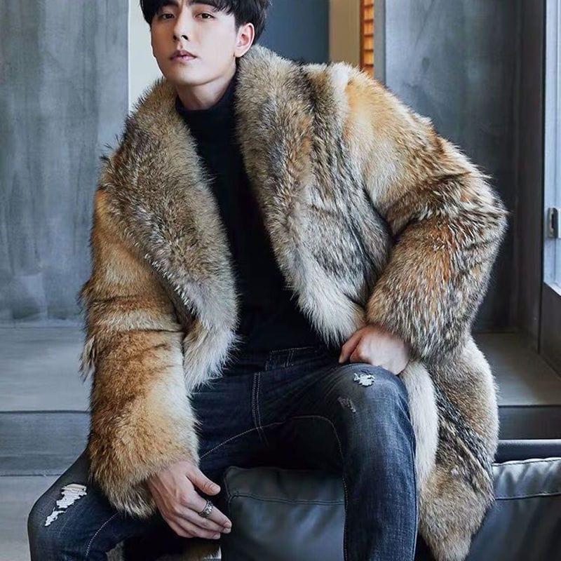 Men's Medium Long Wolf and Mink Fur Coat