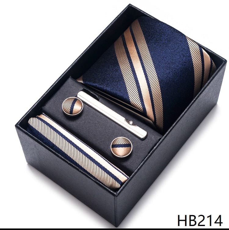 Men's Blue Gold Silk Tie, Handkerchief and Cufflink Set