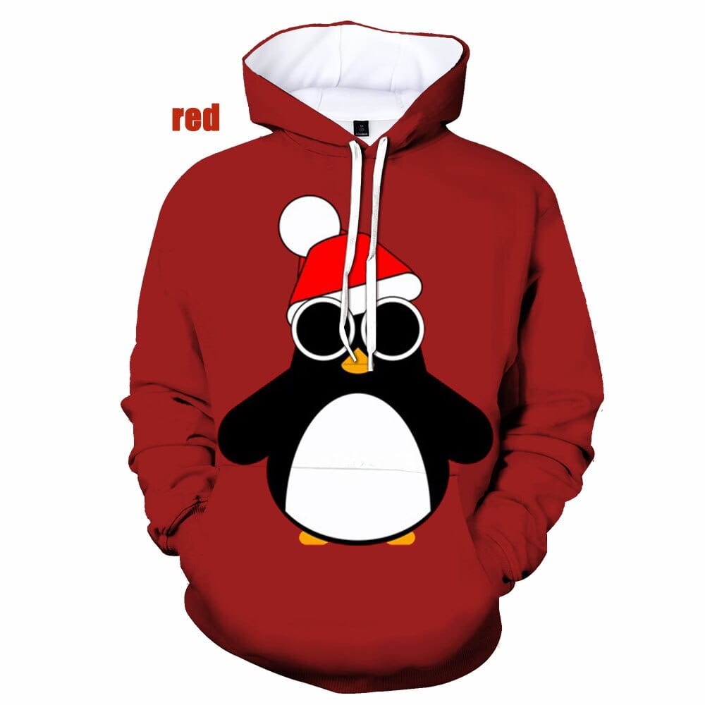 Unisex 3D Cute Penguin Print Pullover Hoodie, XS-5XL