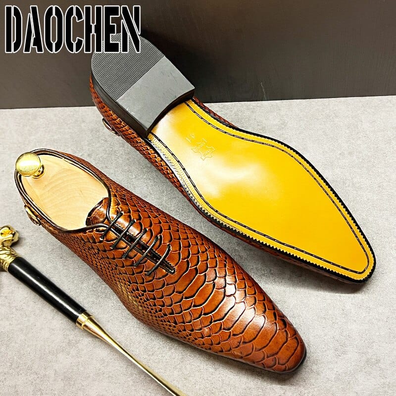 Men's Black Brown Snake Print Pointed Toe Lace-Up Oxford Dress Shoes