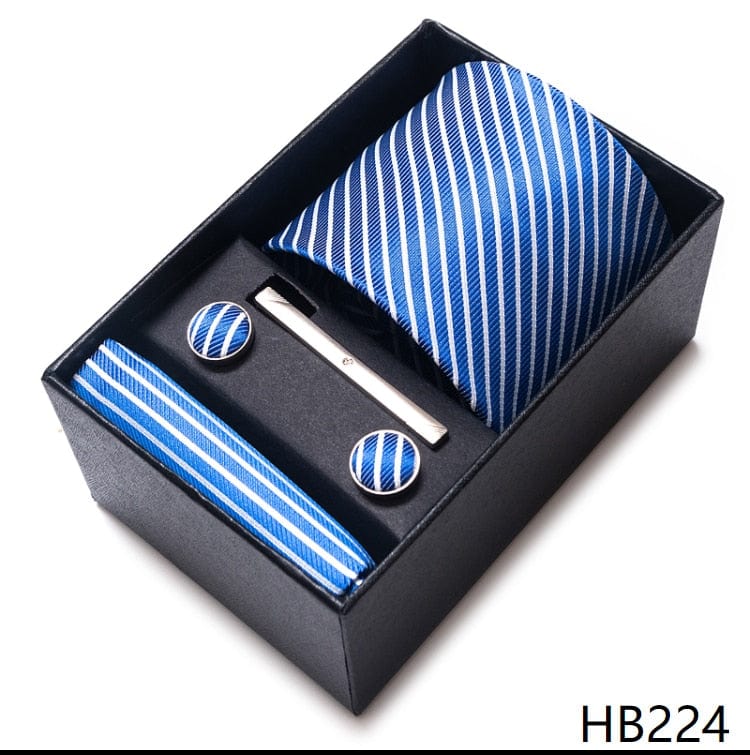 Men's Blue Gold Silk Tie, Handkerchief and Cufflink Set