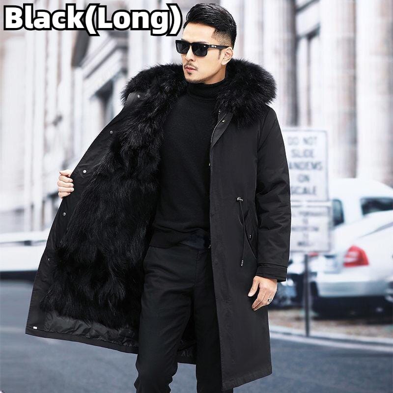 Men's Long Faux Fur Parka — Detachable Collar, Plush Lined
