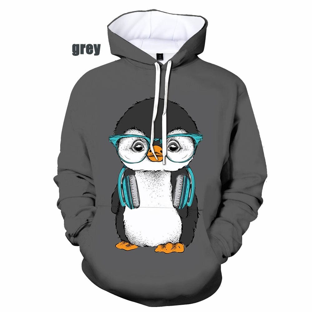 Unisex 3D Cute Penguin Print Pullover Hoodie, XS-5XL