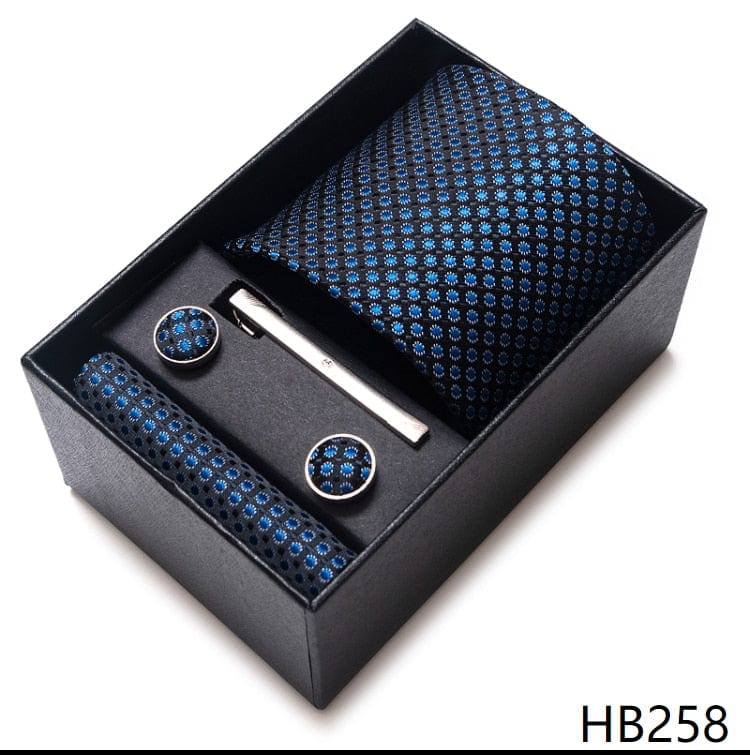 Men's Blue Gold Silk Tie, Handkerchief and Cufflink Set