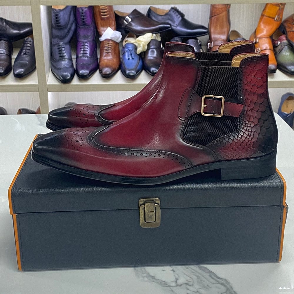 Men's Genuine Leather Chelsea Slip-On Buckle Ankle Boots Black Brown