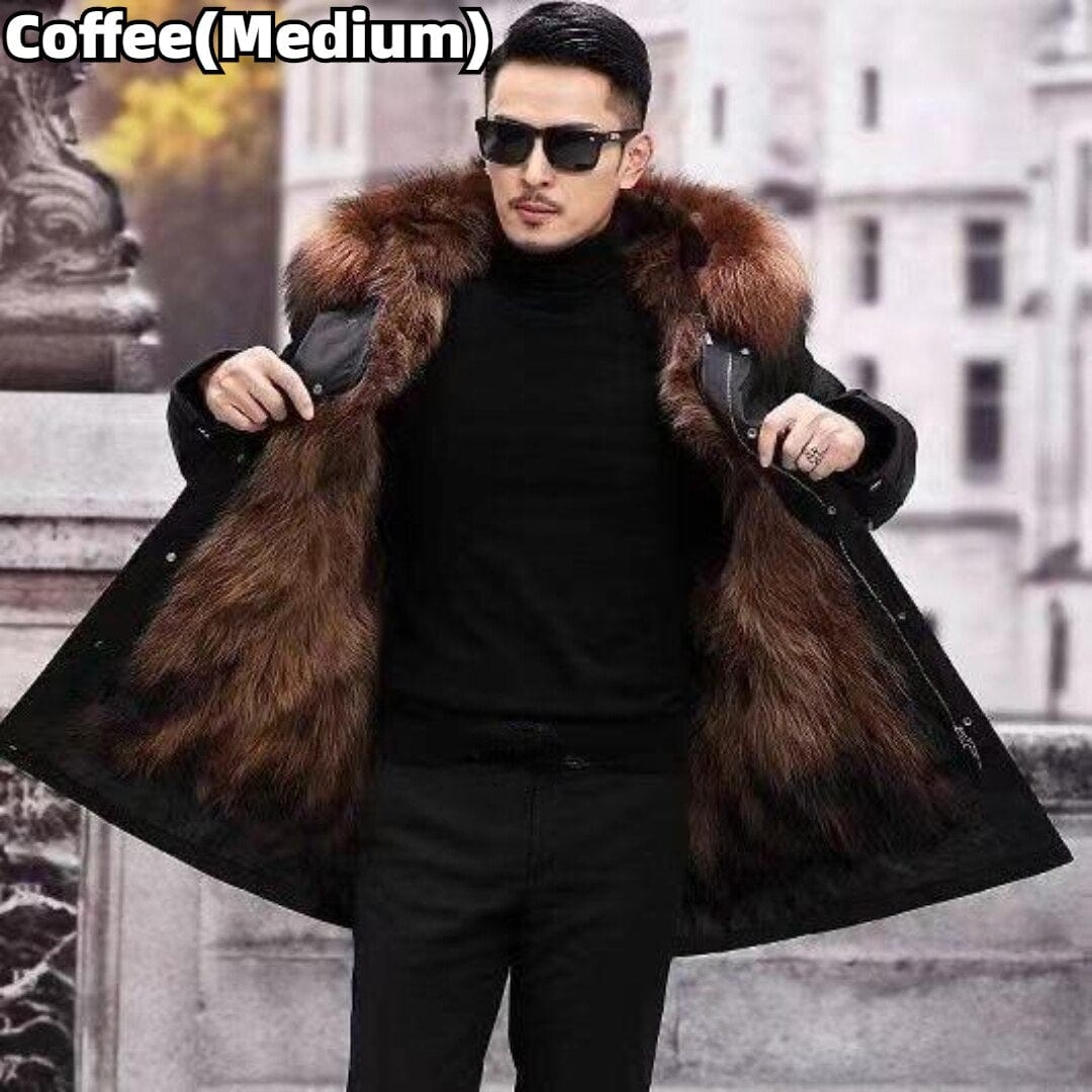 Men's Long Faux Fur Parka — Detachable Collar, Plush Lined
