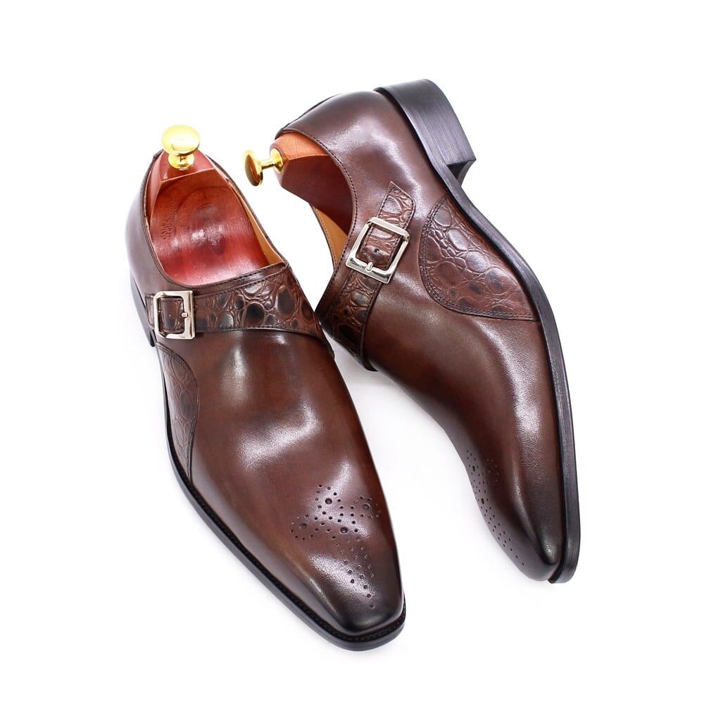 Men's Alligator Print Calf Leather Monk Strap Dress Shoes