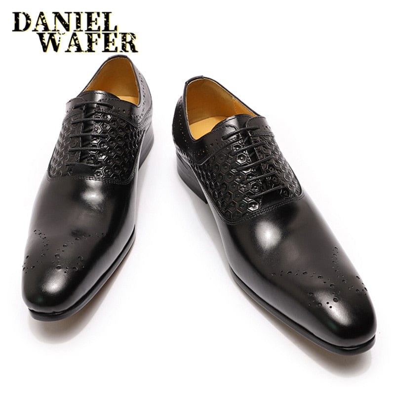 Men's Genuine Leather Pointed Oxford Brogue Office Wedding Shoes