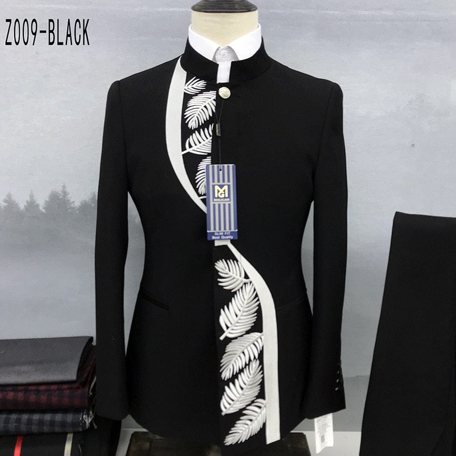 Men's Chinese Stand Collar Tunic Blazer and Pants Two-Piece Set