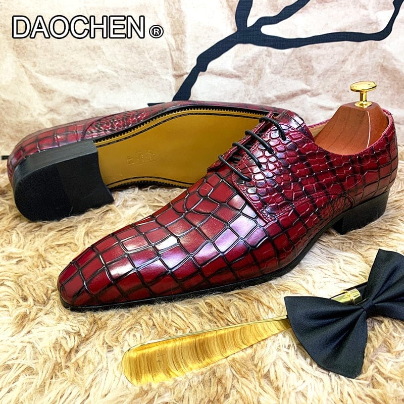 Men's Red Black Printed Leather Pointed Derby Oxford Dress Shoes