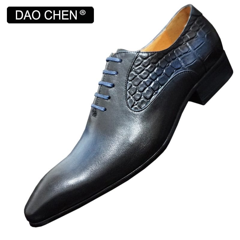 Men's Purple Black Snake Print Pointed Leather Oxford Dress Shoes