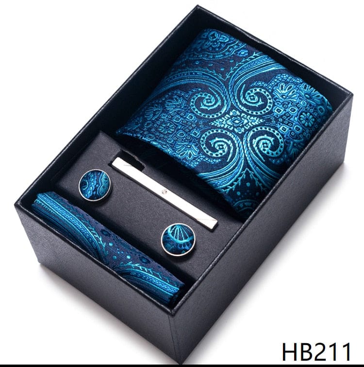 Men's Blue Gold Silk Tie, Handkerchief and Cufflink Set