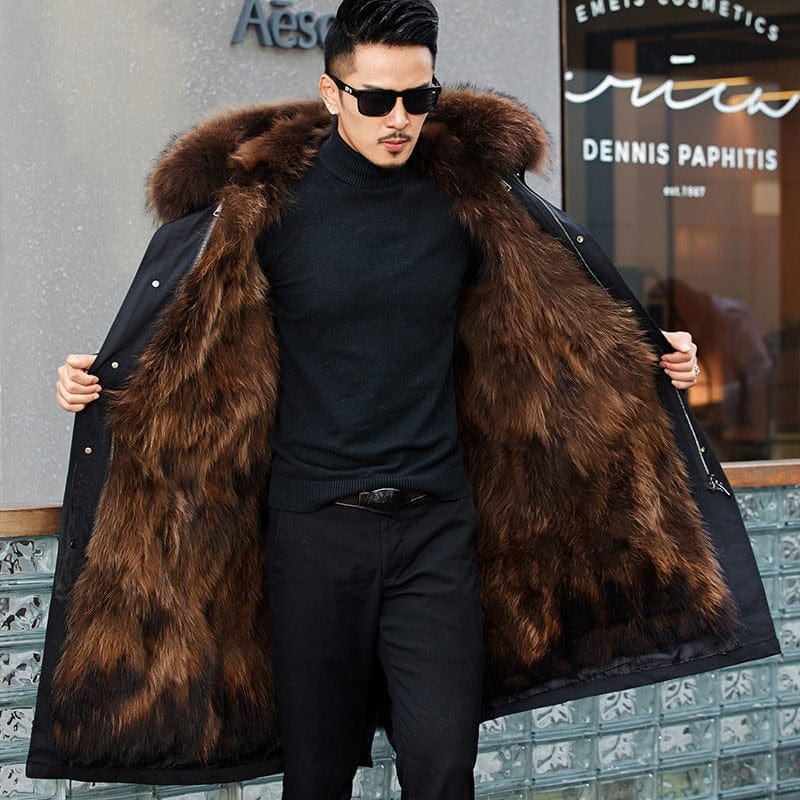 Men's Long Faux Fur Parka — Detachable Collar, Plush Lined