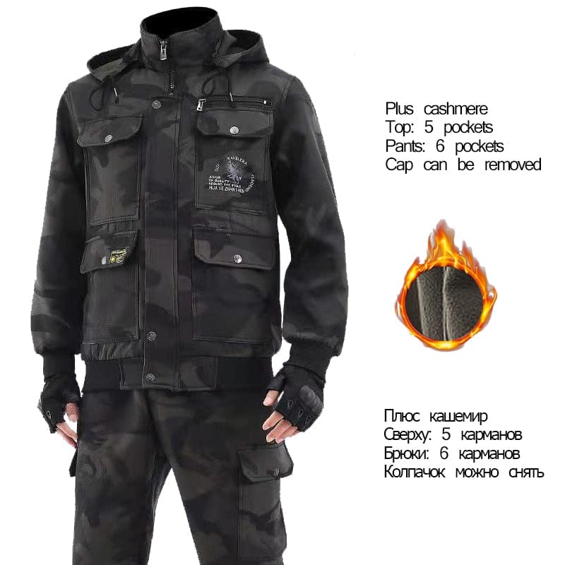 Men's Winter Fleece Work Jacket and Pants Set, Thick Mechanic Suit