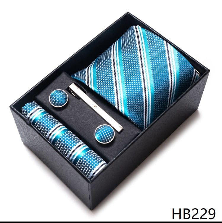 Men's Blue Gold Silk Tie, Handkerchief and Cufflink Set
