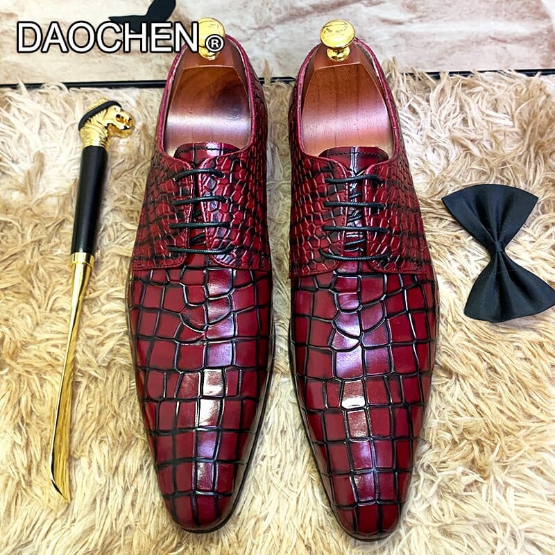 Men's Red Black Printed Leather Pointed Derby Oxford Dress Shoes