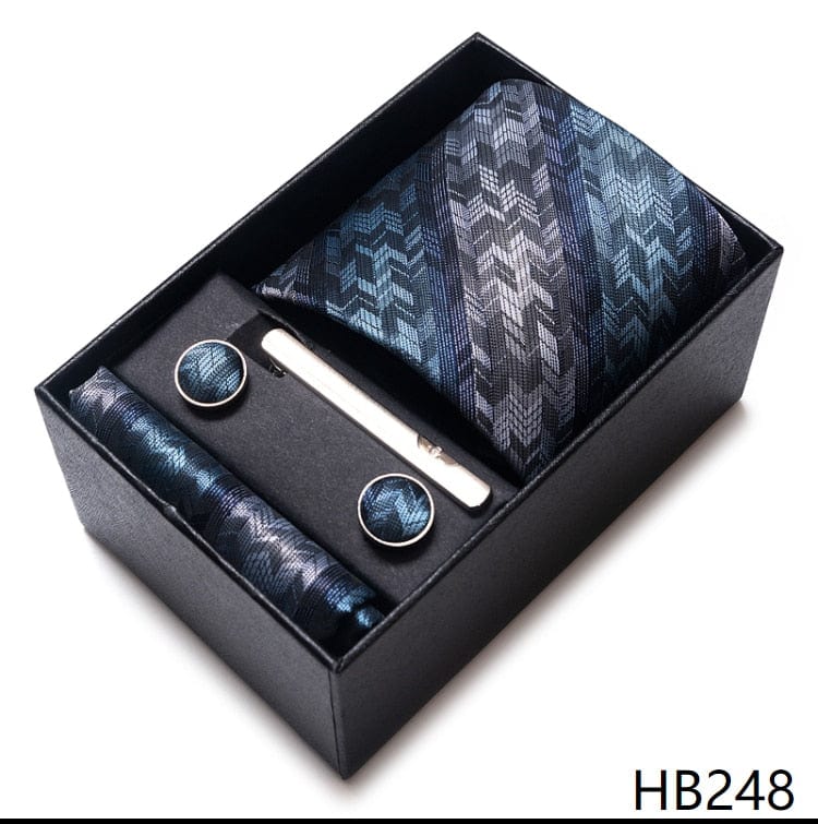 Men's Blue Gold Silk Tie, Handkerchief and Cufflink Set