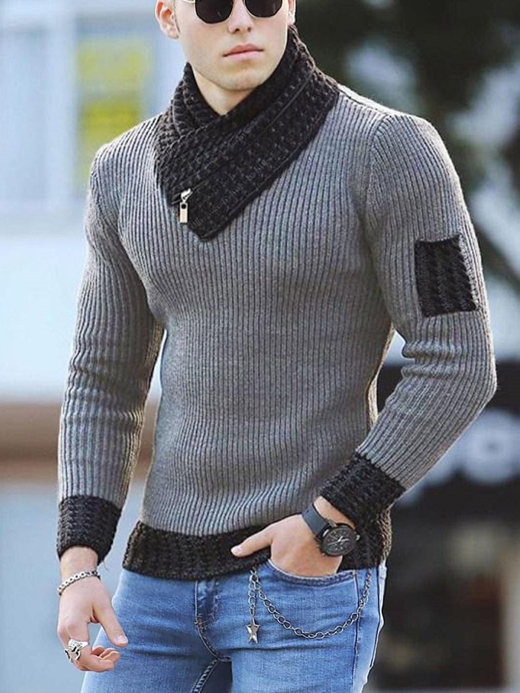 Men's O-Neck Patchwork Knit Pullover Sweater