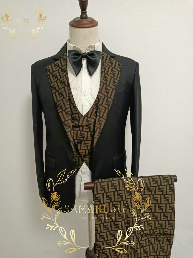 Men's Brown Plaid Double-Breasted Groom Tuxedo Suit Jacket Pants