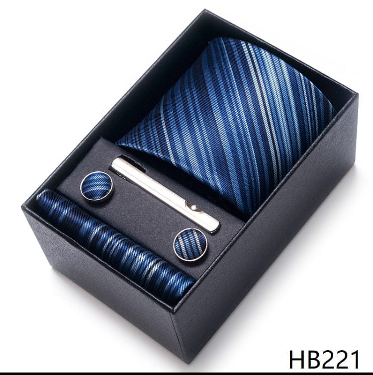 Men's Blue Gold Silk Tie, Handkerchief and Cufflink Set