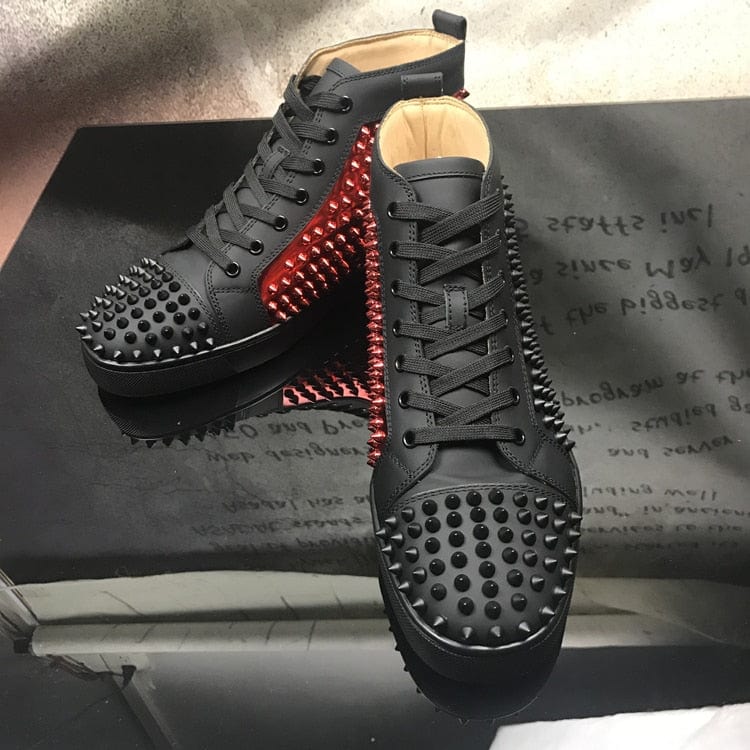 Men's Red-Sole High-Top Printed Leather Casual Black Sneakers
