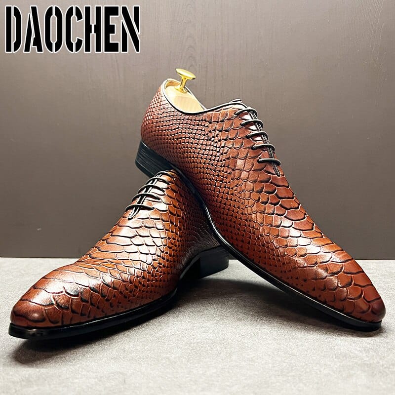 Men's Black Brown Snake Print Pointed Toe Lace-Up Oxford Dress Shoes