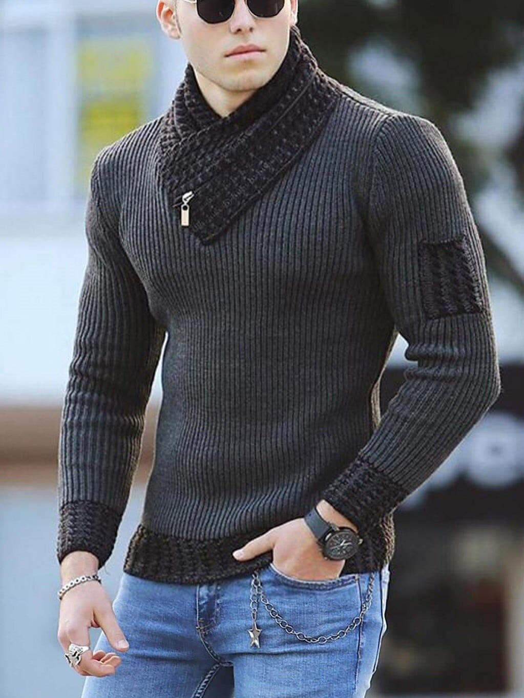 Men's O-Neck Patchwork Knit Pullover Sweater
