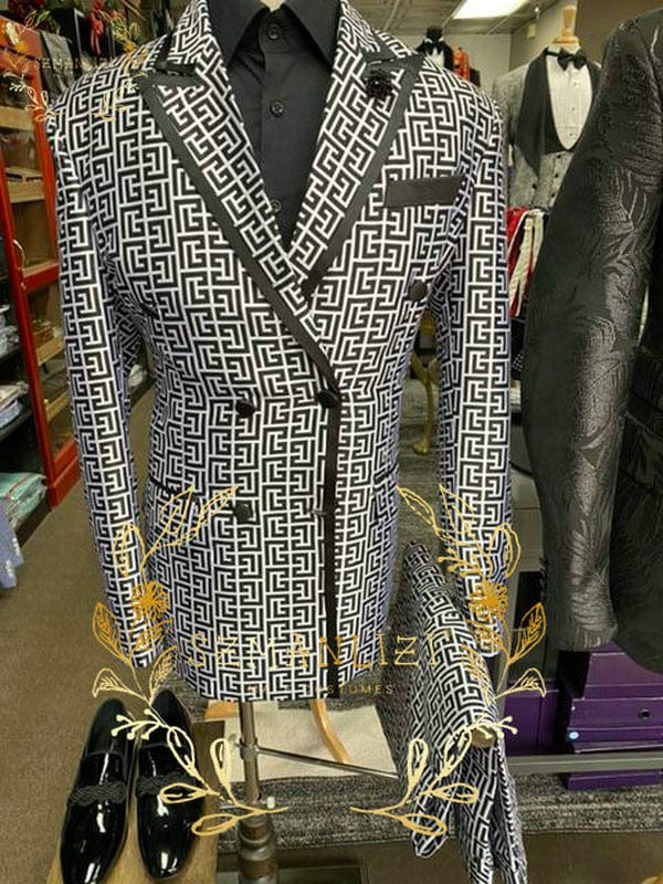 Men's Brown Plaid Double-Breasted Groom Tuxedo Suit Jacket Pants
