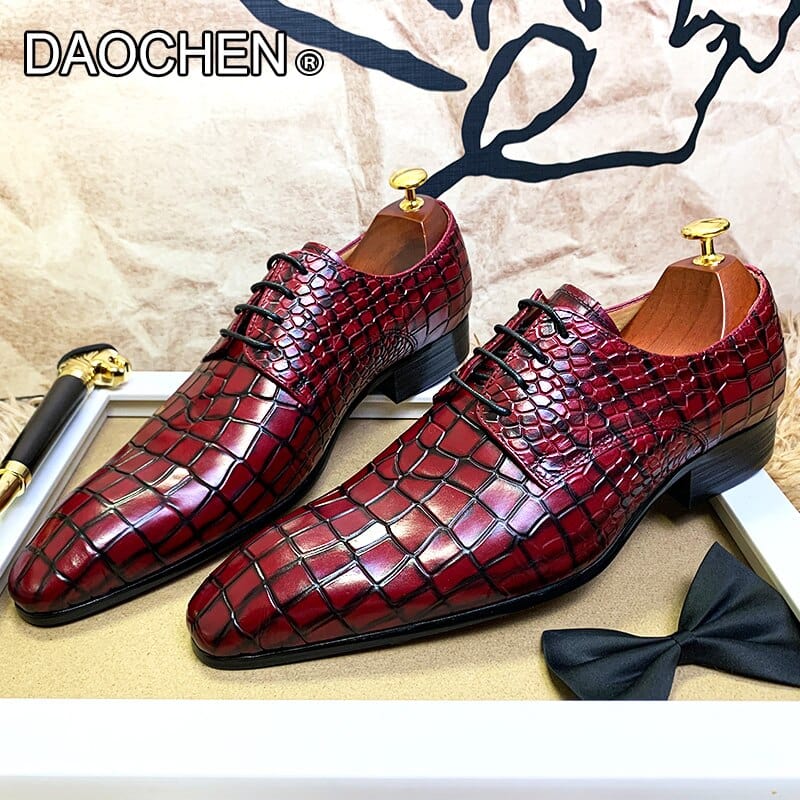Men's Red Black Printed Leather Pointed Derby Oxford Dress Shoes